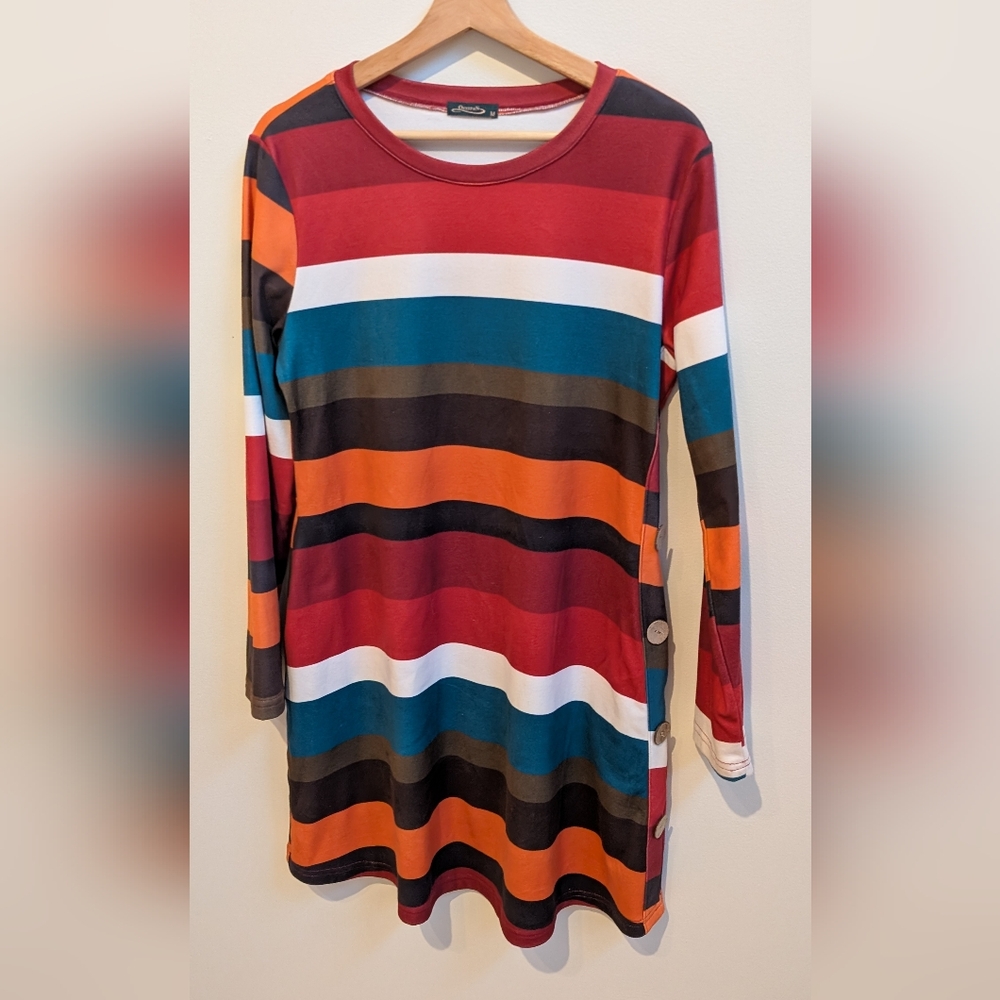 Ofeefan Striped Long Sleeve Tunic Dress With Pockets & Side Button Detail Size M